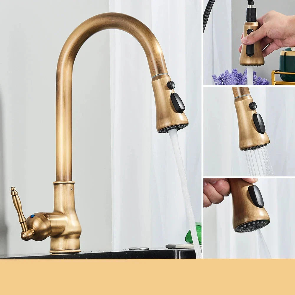 Olvoria | VintageTap Antique Brass Kitchen Tap – Retro Style Mixer Faucet with Swivel Spout