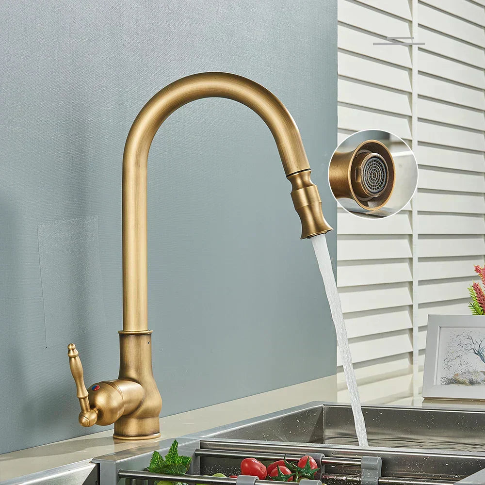 Olvoria | VintageTap Antique Brass Kitchen Tap – Retro Style Mixer Faucet with Swivel Spout