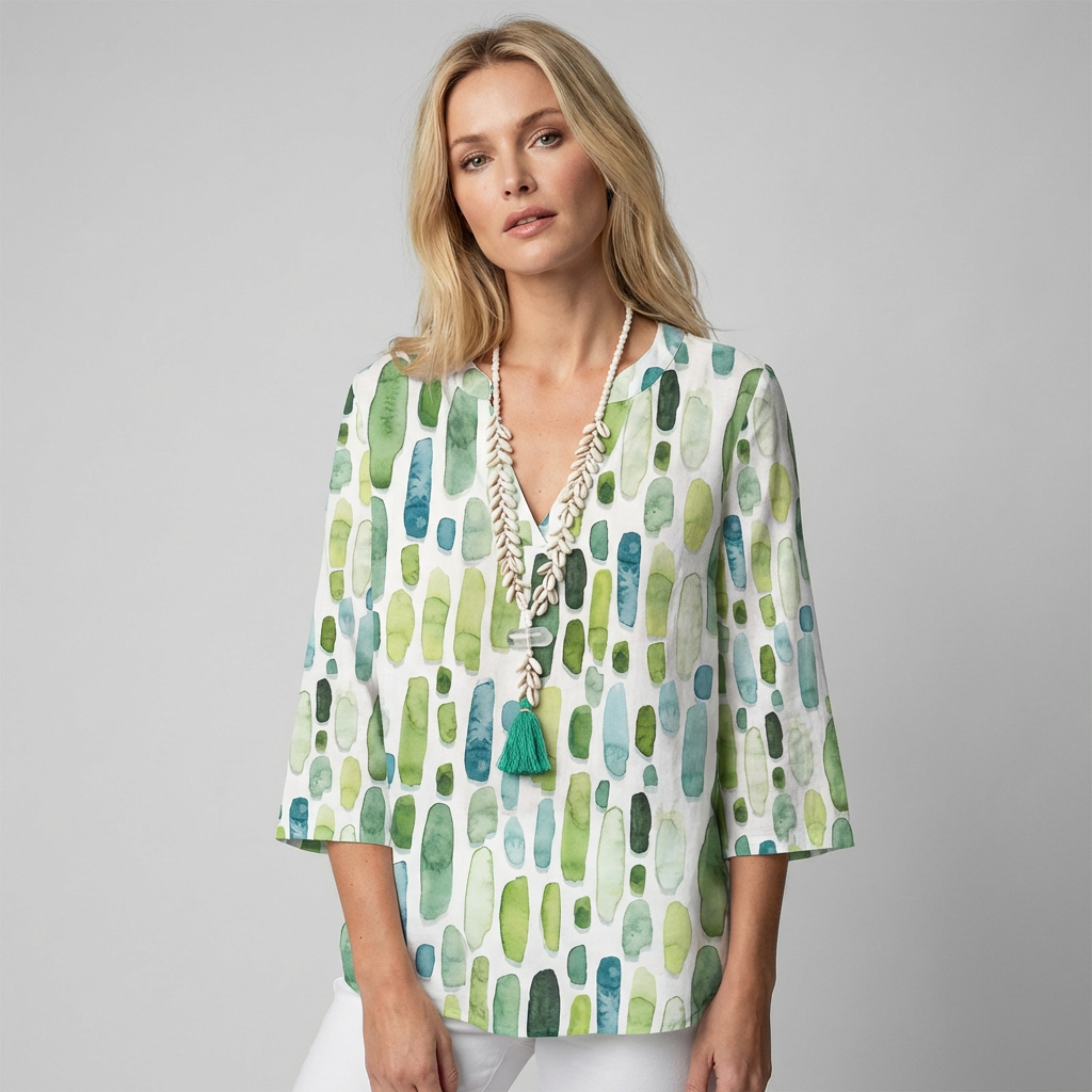 Olvoria | Women's 3/4 Sleeve V-Neck Blouse with Abstract Print