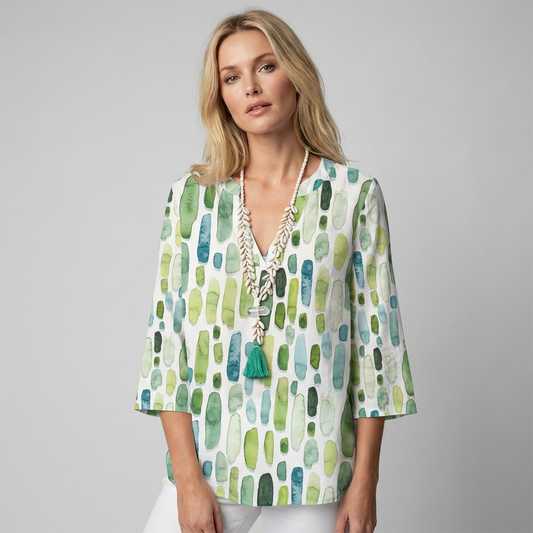 Olvoria | Women's 3/4 Sleeve V-Neck Blouse with Abstract Print