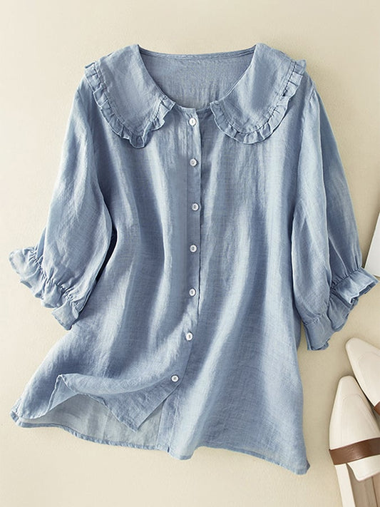 Olvoria | Women's Button-Front Shirt with Ruffled Collar & Sleeves