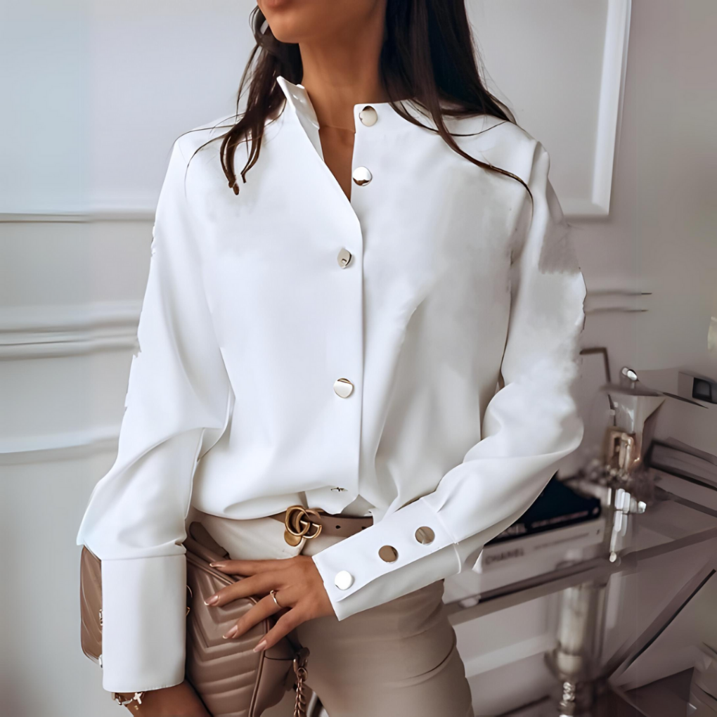Olvoria | Women's Button-Up Stand Collar Shirt with Chic Cuff Details
