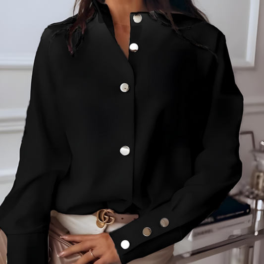 Olvoria | Women's Button-Up Stand Collar Shirt with Chic Cuff Details