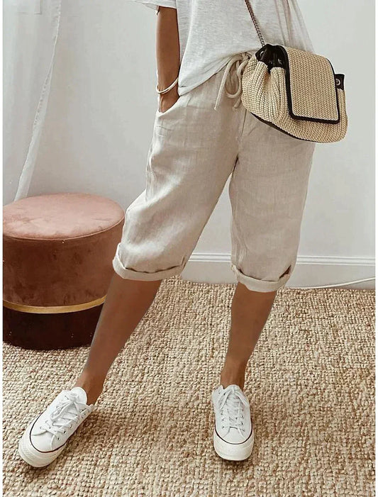 Olvoria | Women's Cropped Linen Pants with Drawstring Waist