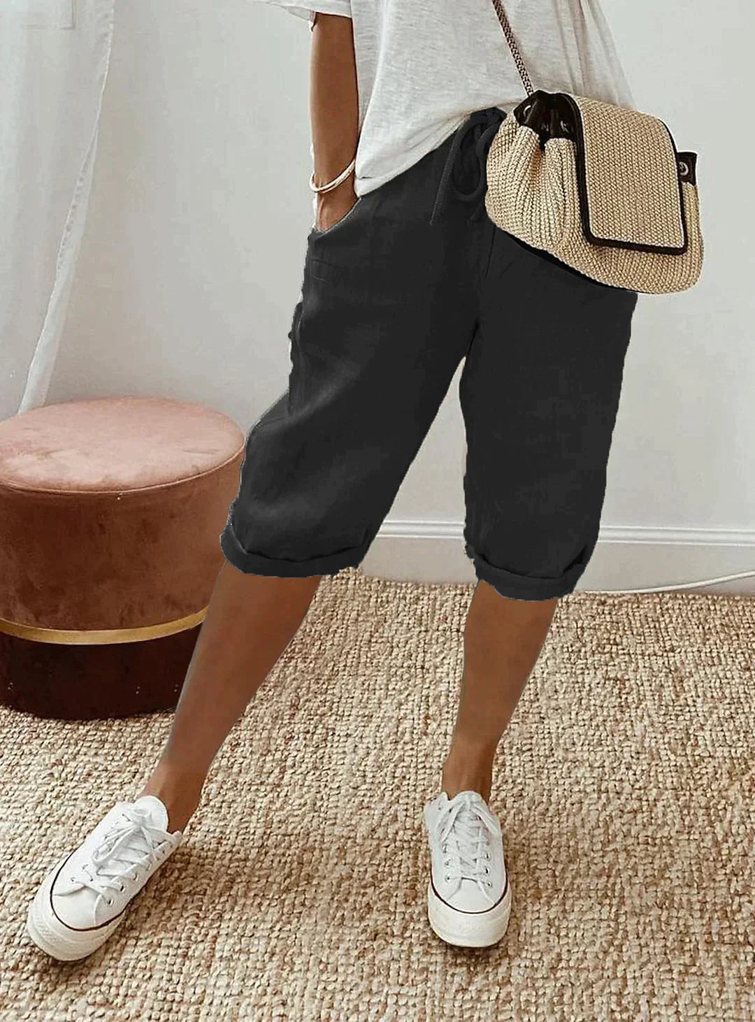 Olvoria | Women's Cropped Linen Pants with Drawstring Waist