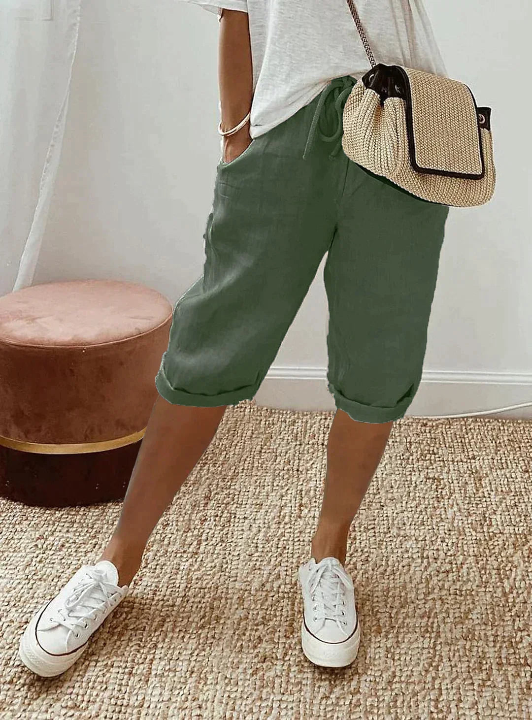 Olvoria | Women's Cropped Linen Pants with Drawstring Waist