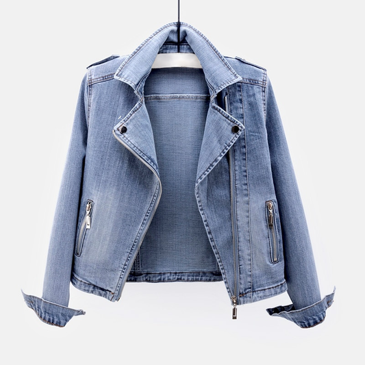 Olvoria | Women's Denim Biker Jacket with Belted Waist