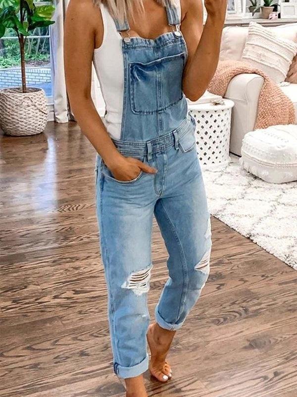 Olvoria | Women's Denim Jumpsuit Ripped Ankle Length