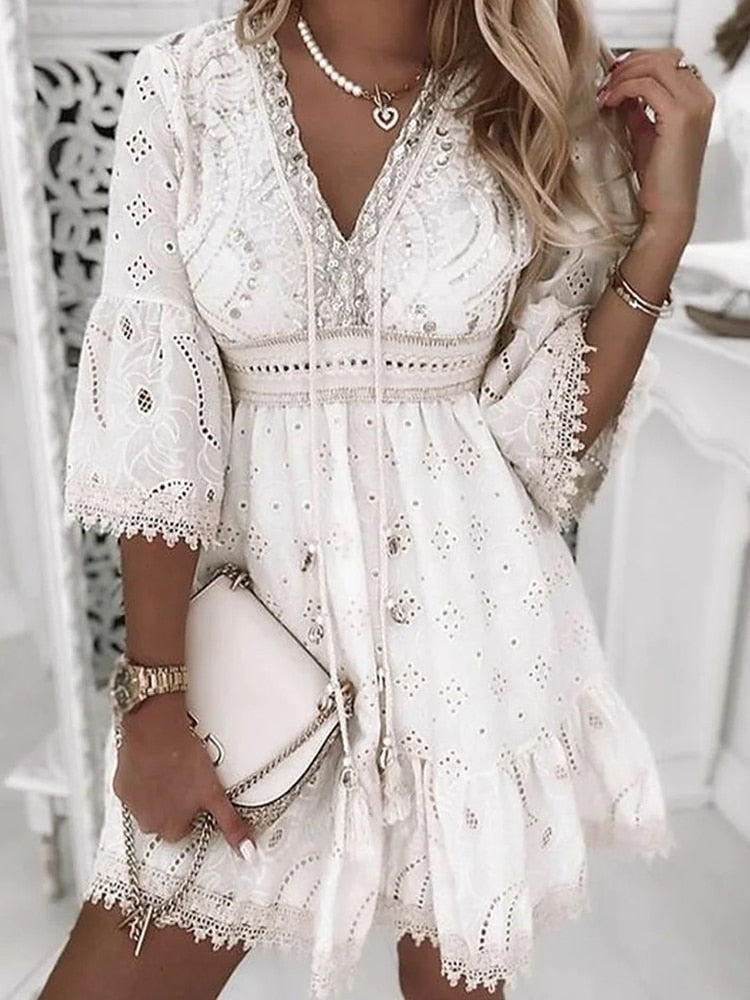 Olvoria | Women's Eyelet Mini Dress with Flare Sleeves