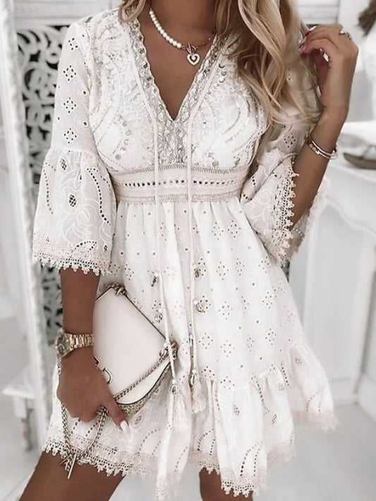 Olvoria | Women's Eyelet Mini Dress with Flare Sleeves