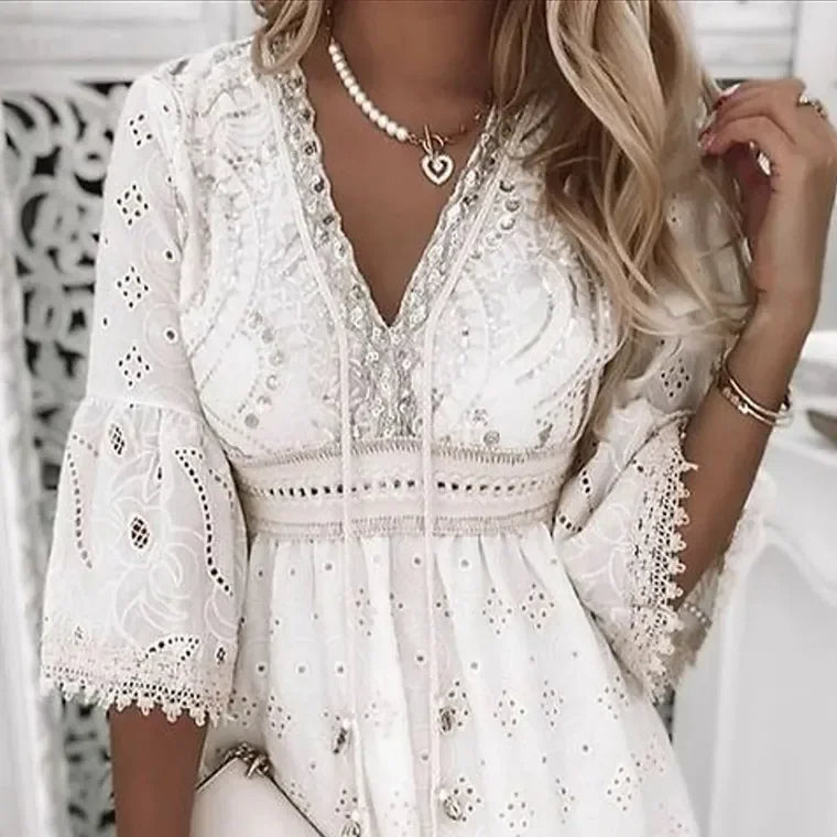 Olvoria | Women's Eyelet Mini Dress with Flare Sleeves