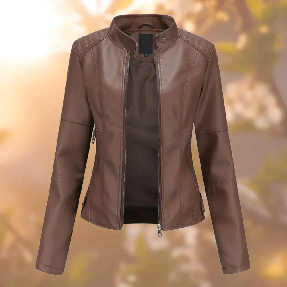 Olvoria | Women's Faux Leather Moto Jacket with Zipper