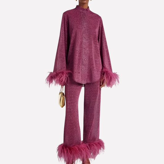Olvoria | Women's Feather Trimmed Shirt and Trouser Set