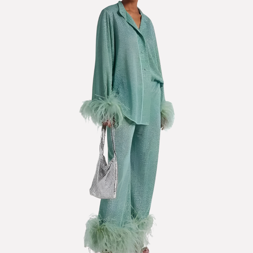 Olvoria | Women's Feather Trimmed Shirt and Trouser Set