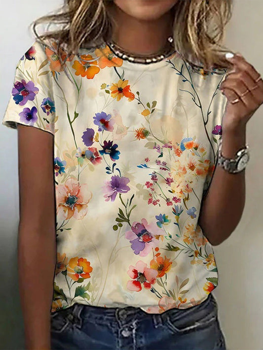 Olvoria | Women's Floral Print T-Shirt with Round Neck