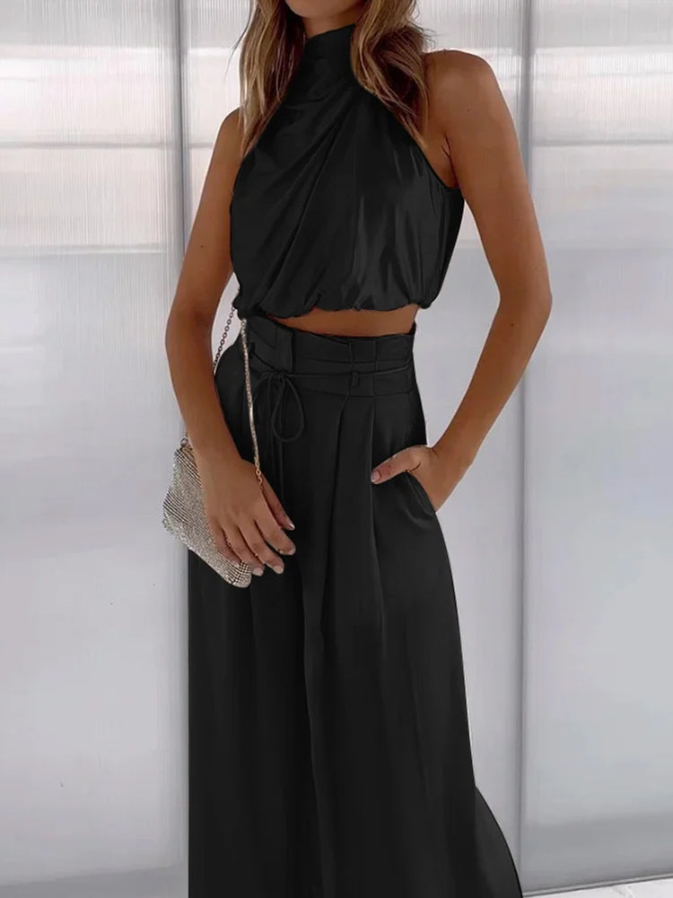 Olvoria | Women's Halter Neck Top & Wide Leg Pants Set