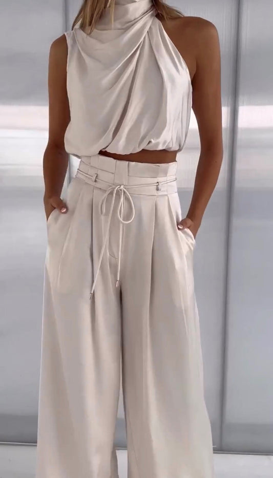 Olvoria | Women's Halter Neck Top & Wide Leg Pants Set