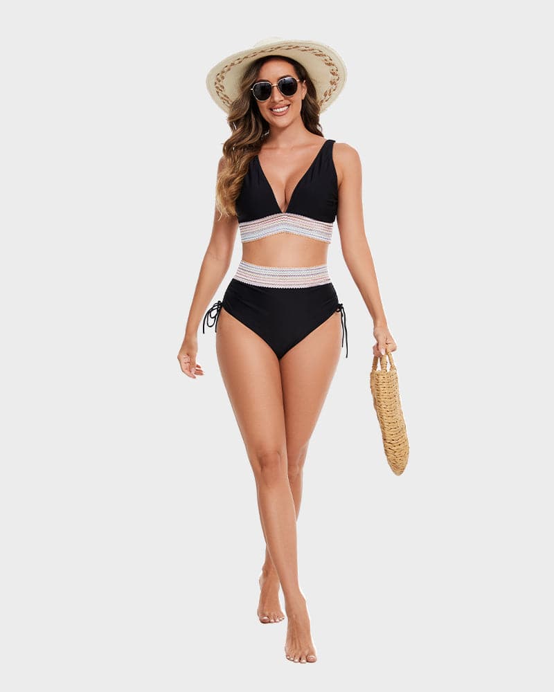 Olvoria | Women's High-Waisted Bikini with Chevron Trim