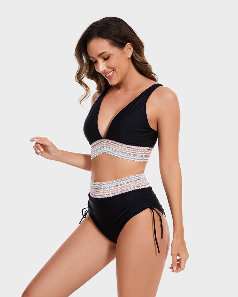 Olvoria | Women's High-Waisted Bikini with Chevron Trim