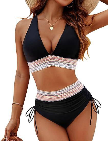 Olvoria | Women's High-Waisted Bikini with Chevron Trim