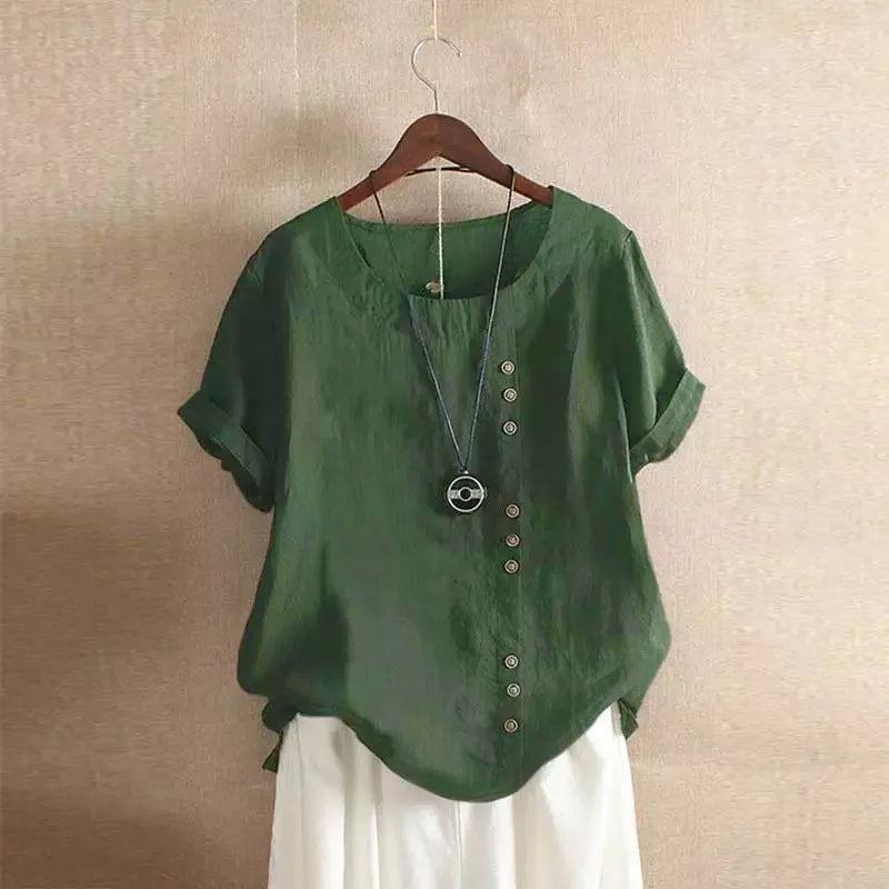 Olvoria | Women's Linen Blend Button Blouse Short Sleeve