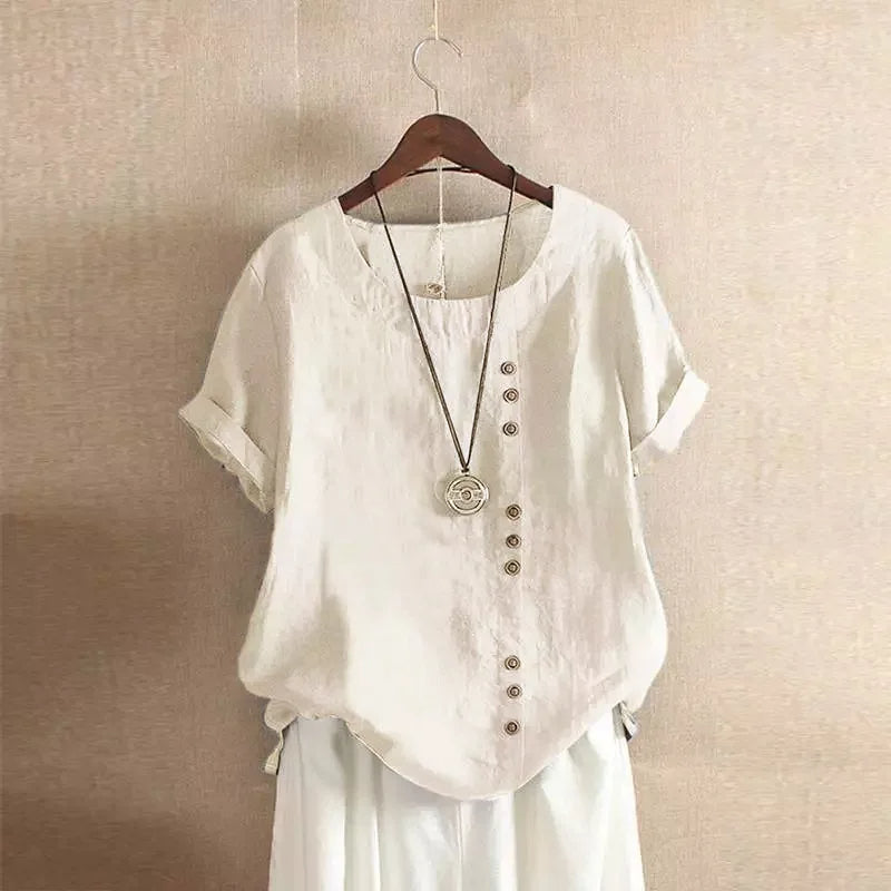 Olvoria | Women's Linen Blend Button Blouse Short Sleeve
