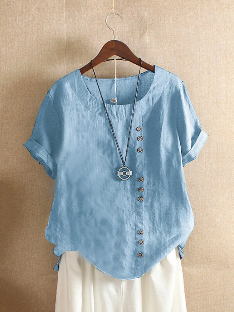 Olvoria | Women's Linen Blend Button Blouse Short Sleeve