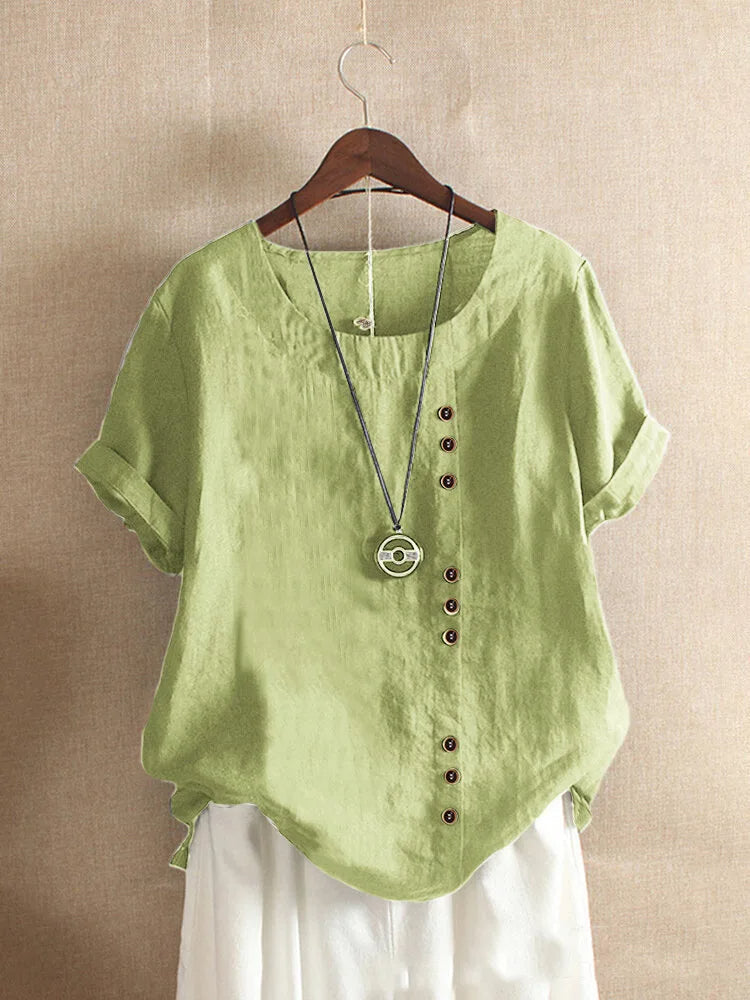 Olvoria | Women's Linen Blend Button Blouse Short Sleeve