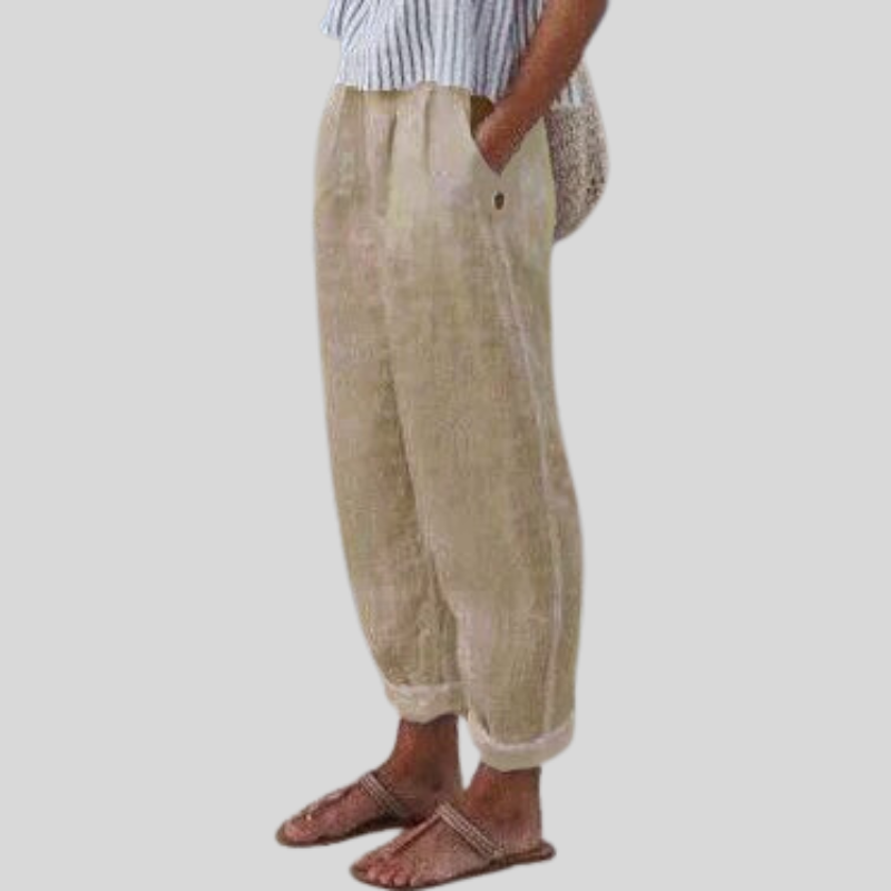 Olvoria | Women's Linen Relaxed Fit Folded Hem Trousers