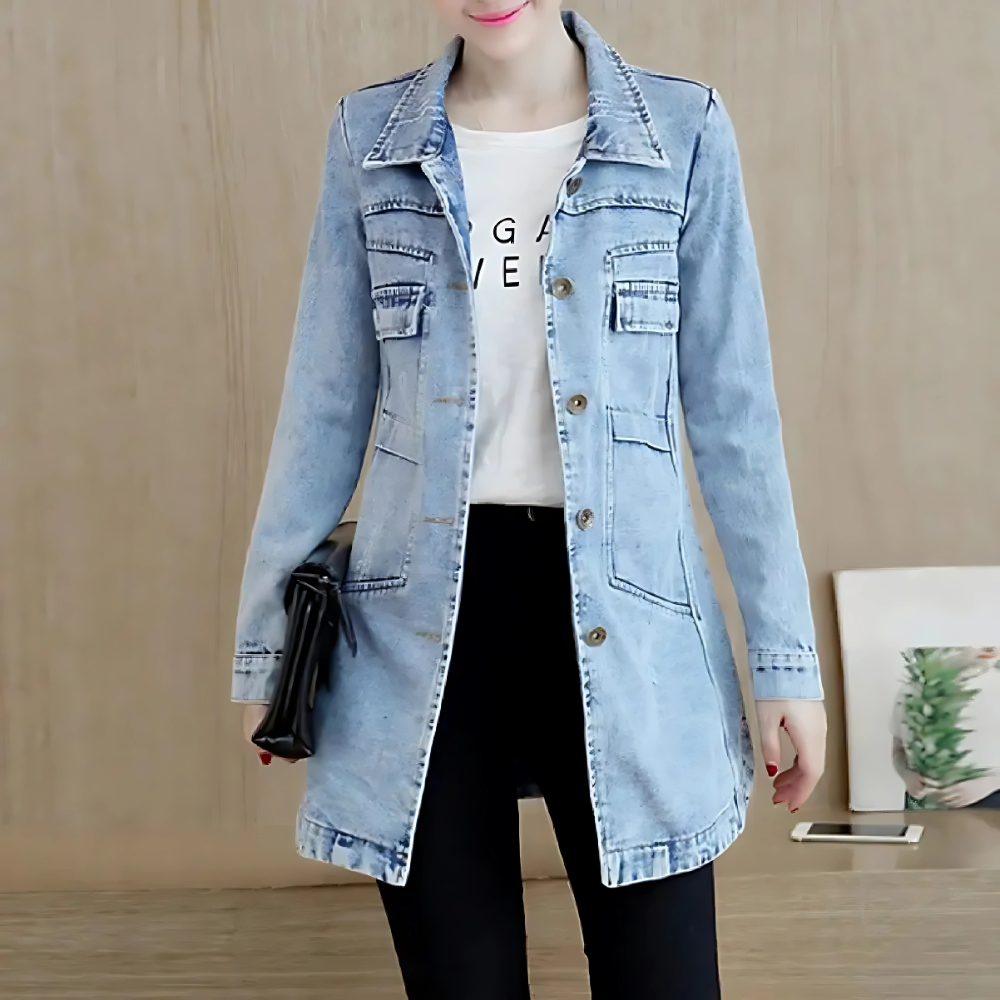 Olvoria | Women's Long Denim Jacket with Embroidered Details