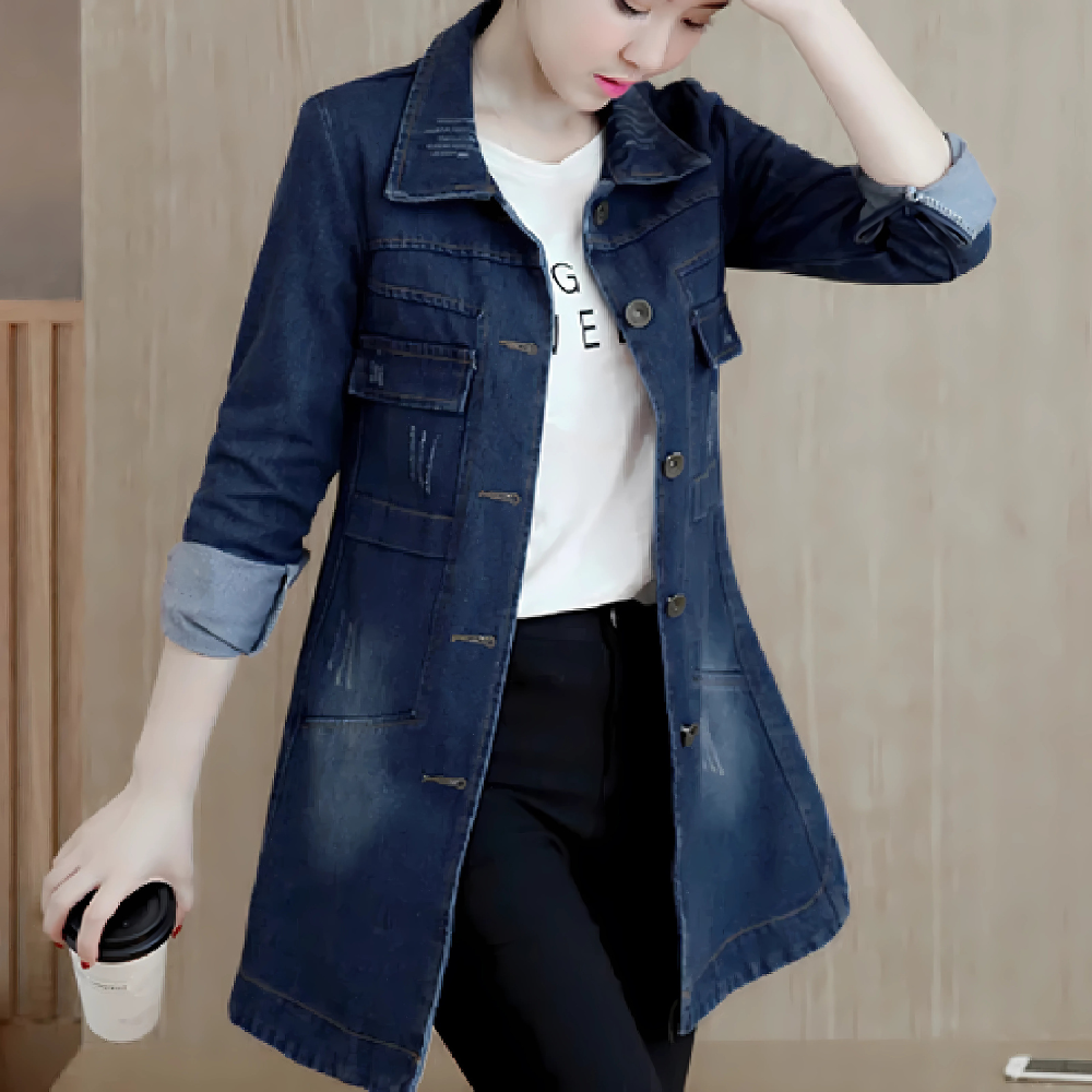 Olvoria | Women's Long Denim Jacket with Embroidered Details