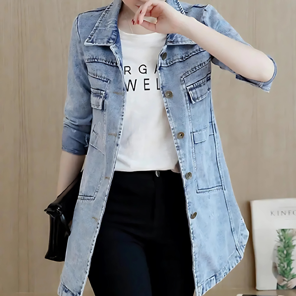 Olvoria | Women's Long Denim Jacket with Embroidered Details