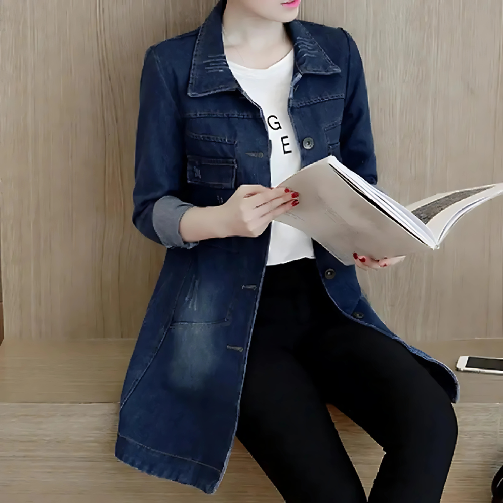 Olvoria | Women's Long Denim Jacket with Embroidered Details