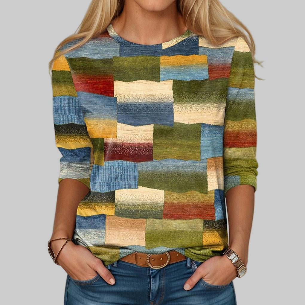 Olvoria | Women's Long Sleeve T-Shirt with Abstract Block Print