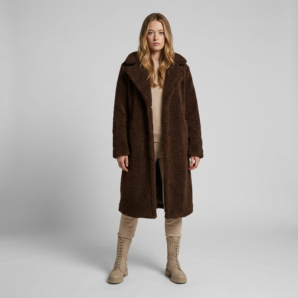 Olvoria | Women's Long Teddy Coat with Lapel Collar