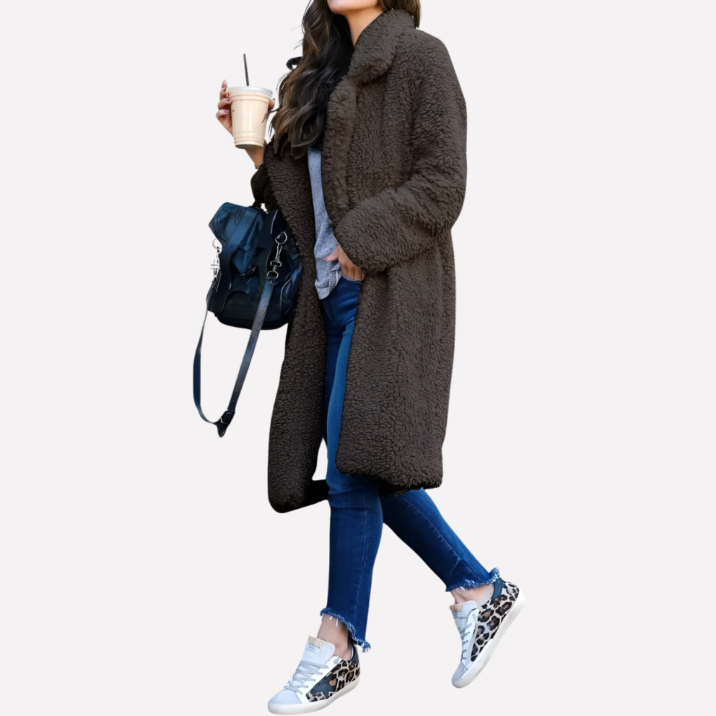 Olvoria | Women's Longline Teddy Coat with Notched Collar