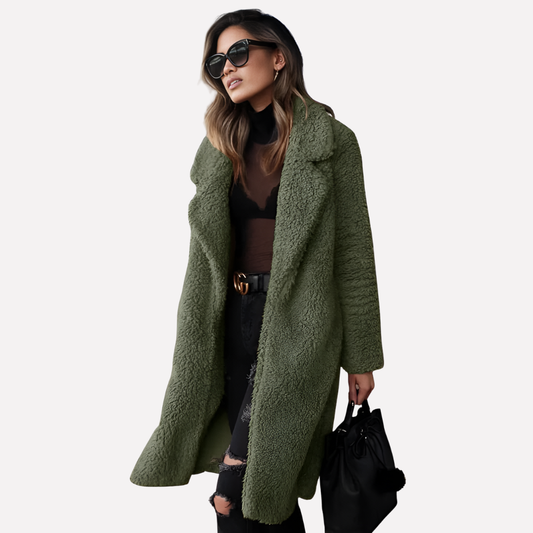 Olvoria | Women's Longline Teddy Coat with Notched Collar