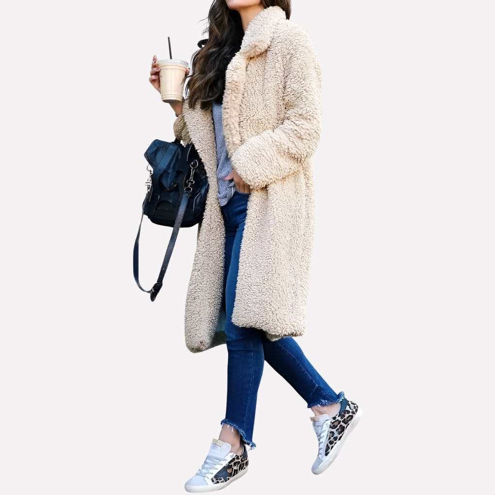 Olvoria | Women's Longline Teddy Coat with Notched Collar
