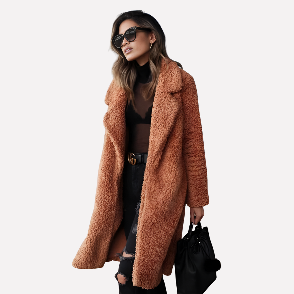 Olvoria | Women's Longline Teddy Coat with Notched Collar