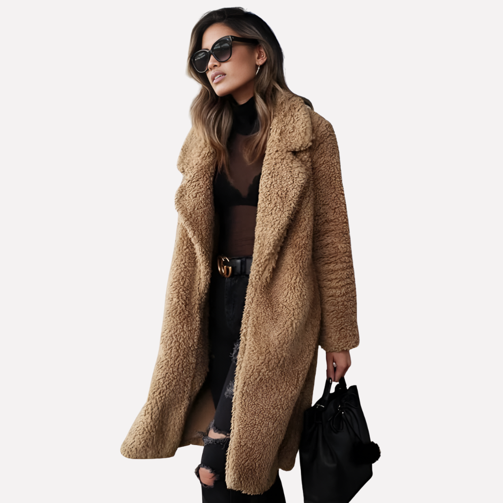 Olvoria | Women's Longline Teddy Coat with Notched Collar