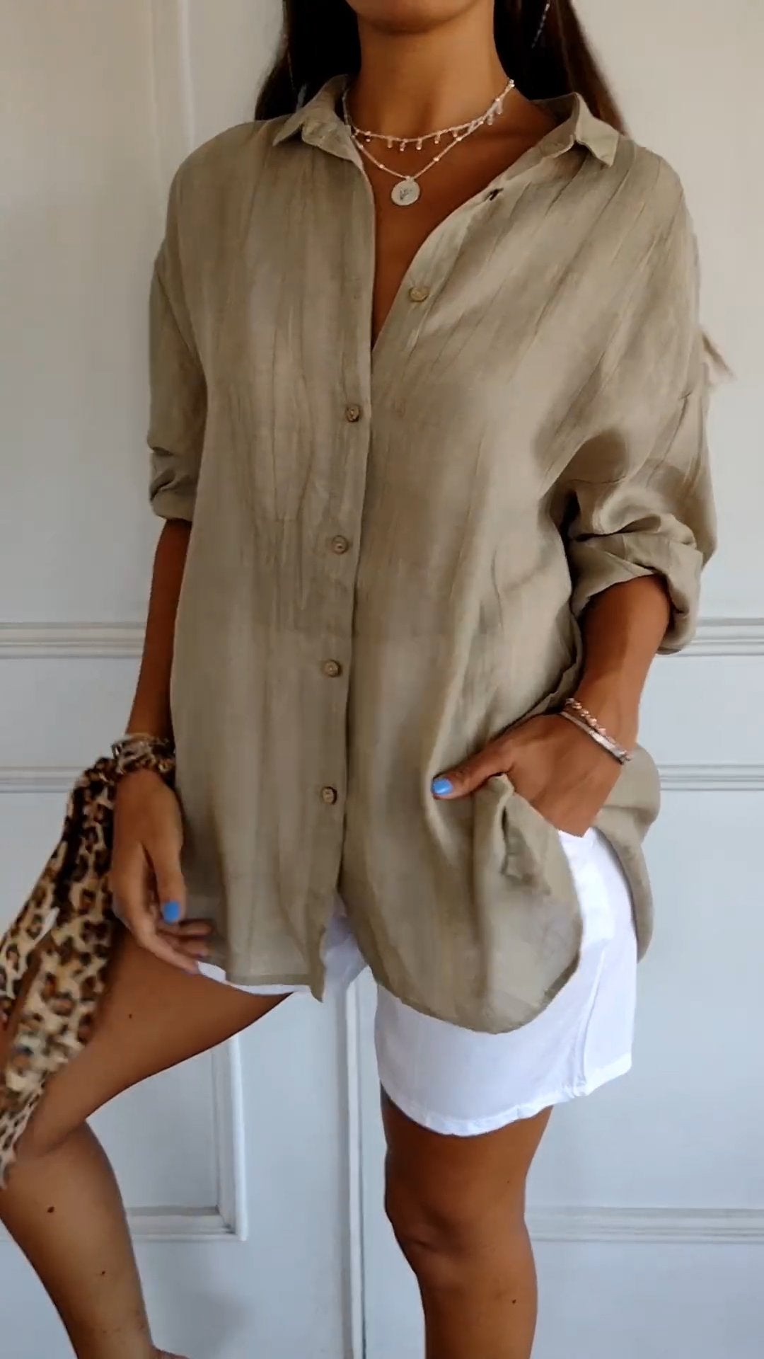 Olvoria | Women's Loose Button-Down Shirt - Crinkled Texture