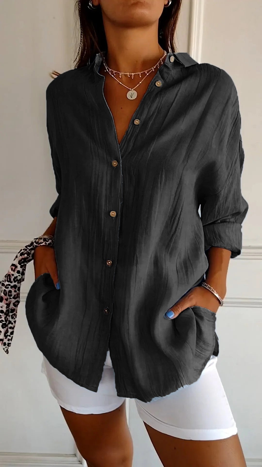 Olvoria | Women's Loose Button-Down Shirt - Crinkled Texture