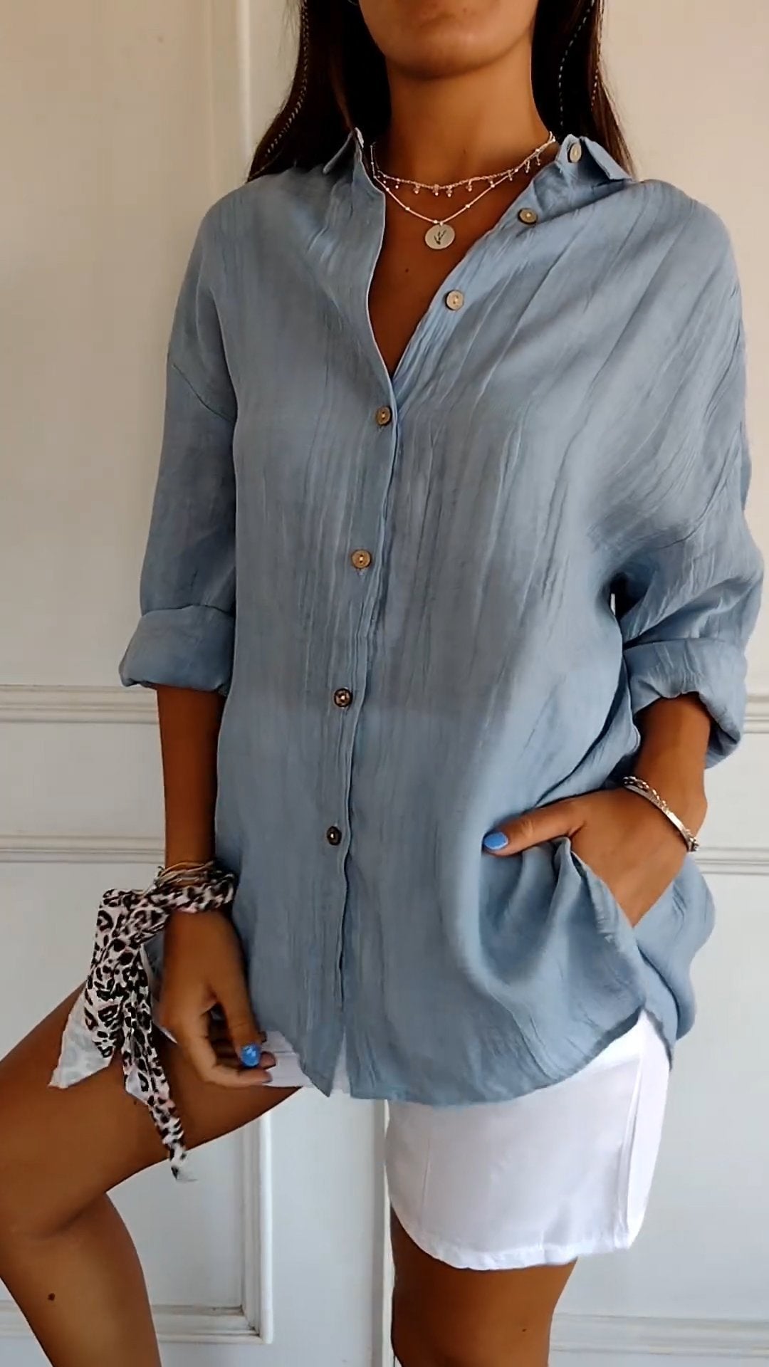Olvoria | Women's Loose Button-Down Shirt - Crinkled Texture