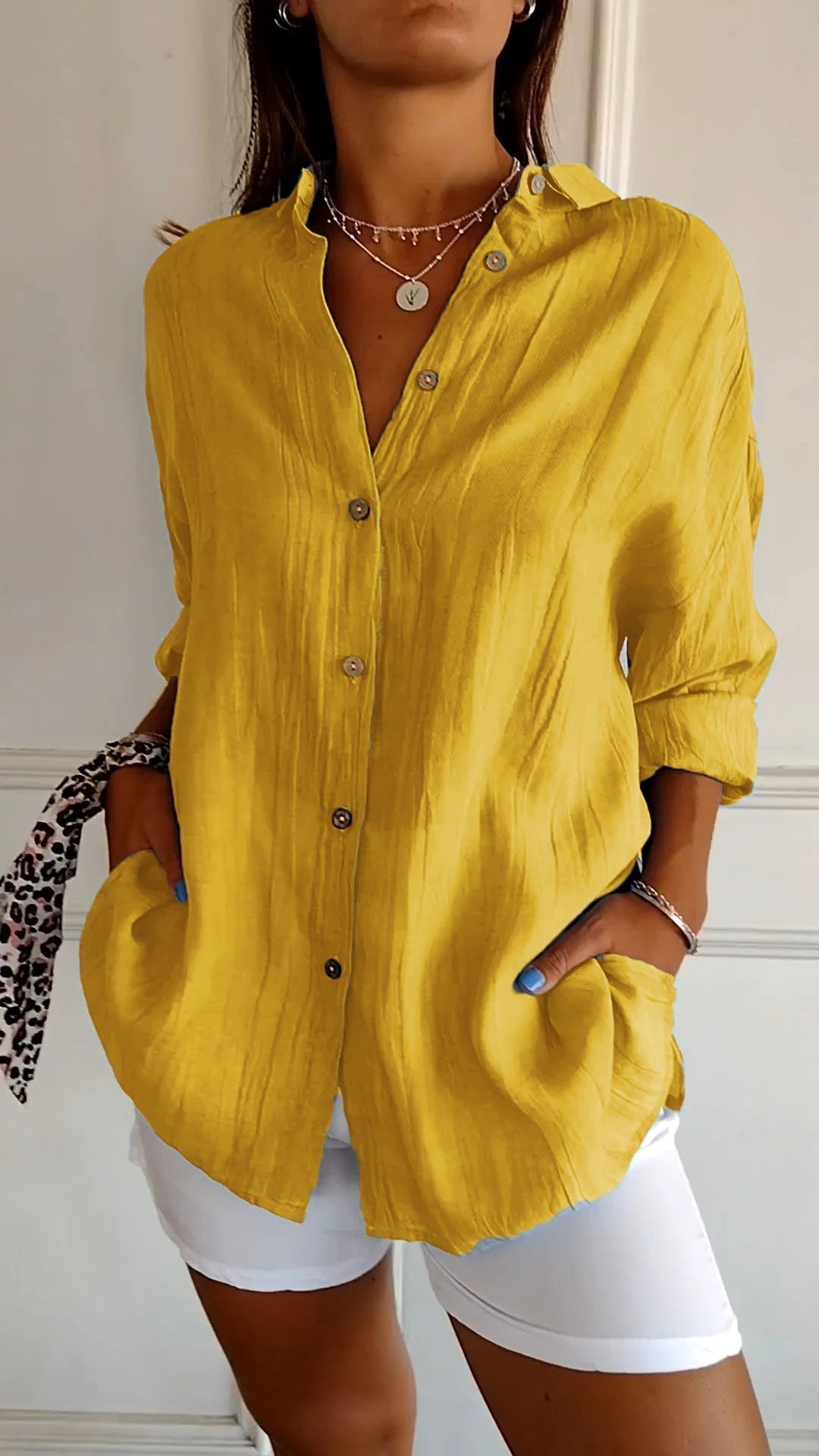 Olvoria | Women's Loose Button-Down Shirt - Crinkled Texture