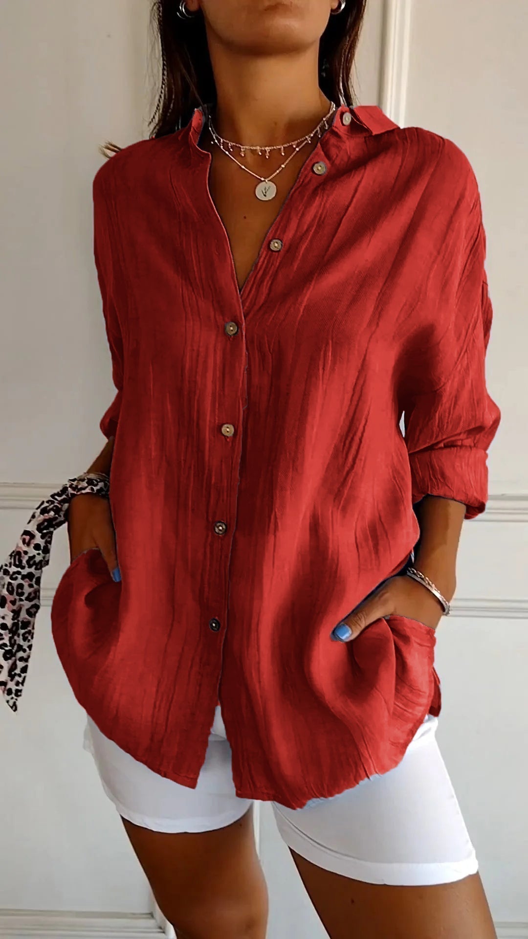 Olvoria | Women's Loose Button-Down Shirt - Crinkled Texture