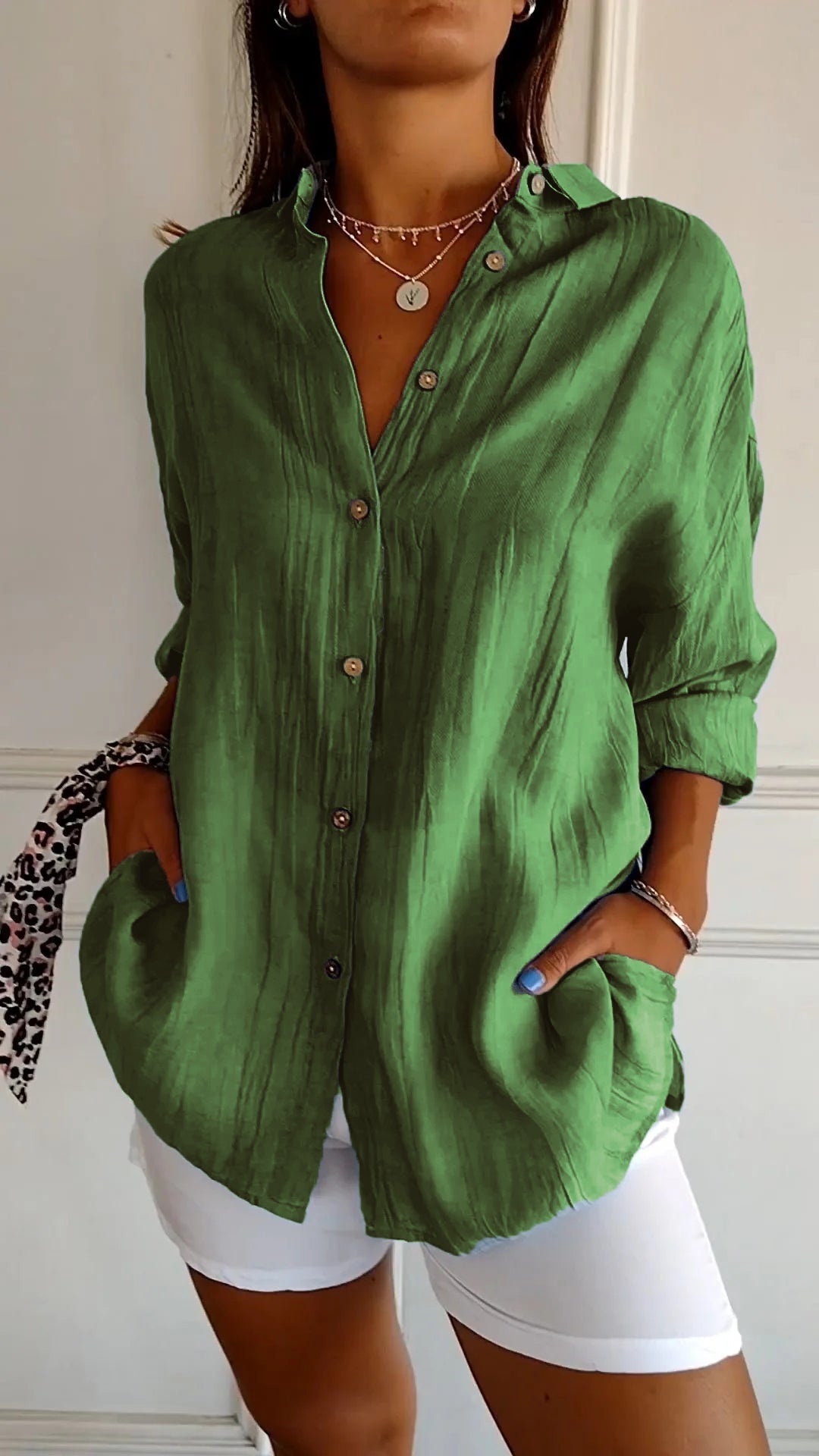 Olvoria | Women's Loose Button-Down Shirt - Crinkled Texture