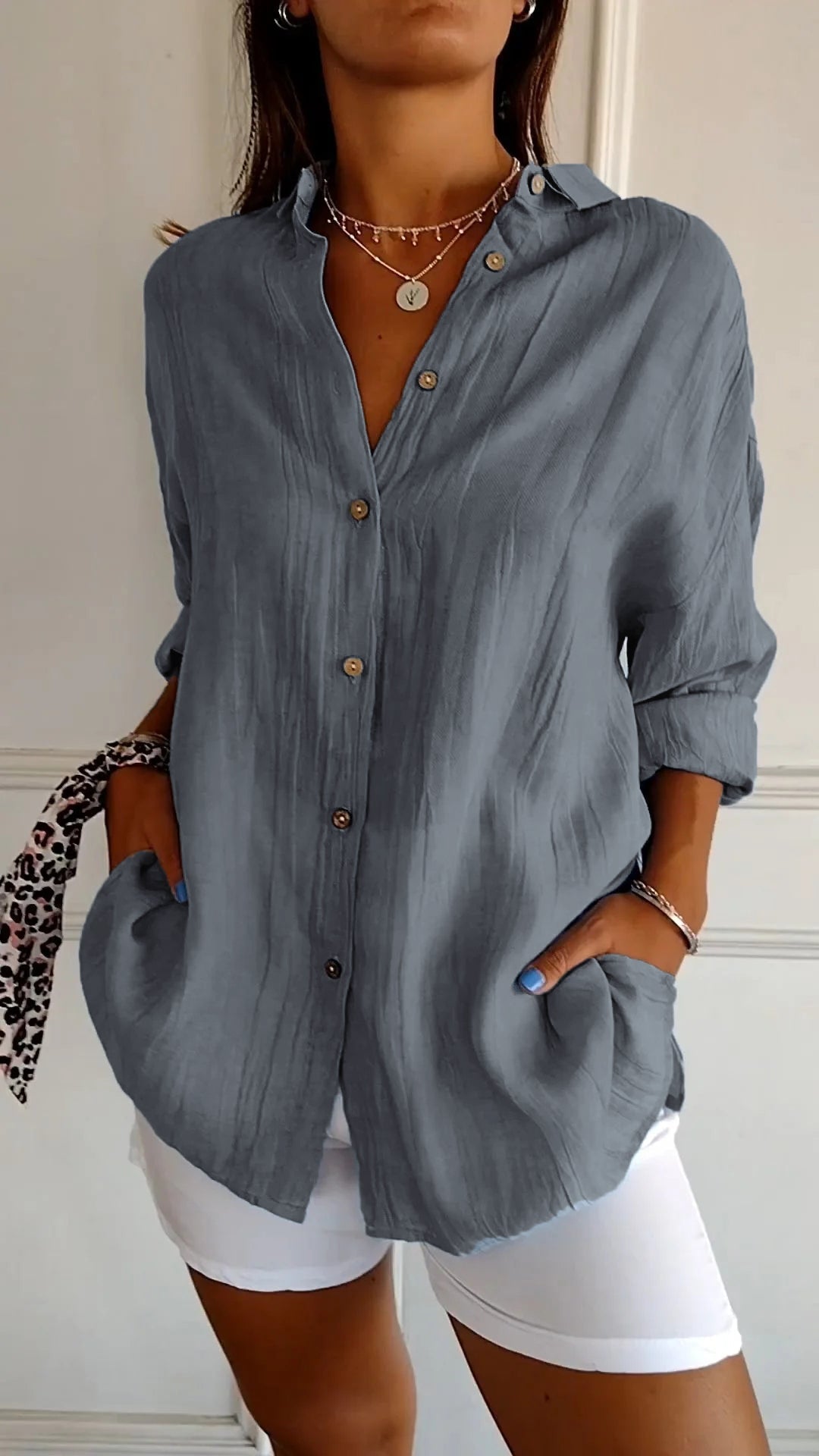 Olvoria | Women's Loose Button-Down Shirt - Crinkled Texture