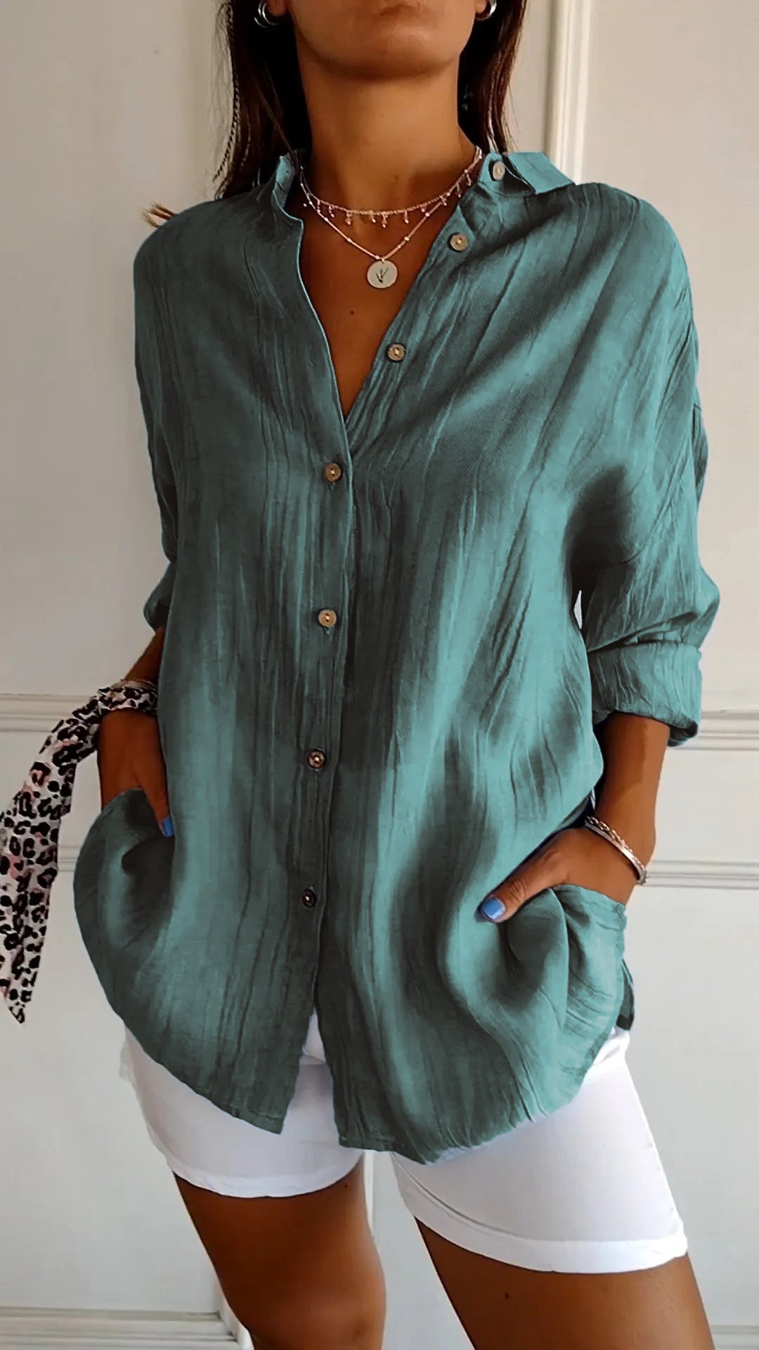 Olvoria | Women's Loose Button-Down Shirt - Crinkled Texture