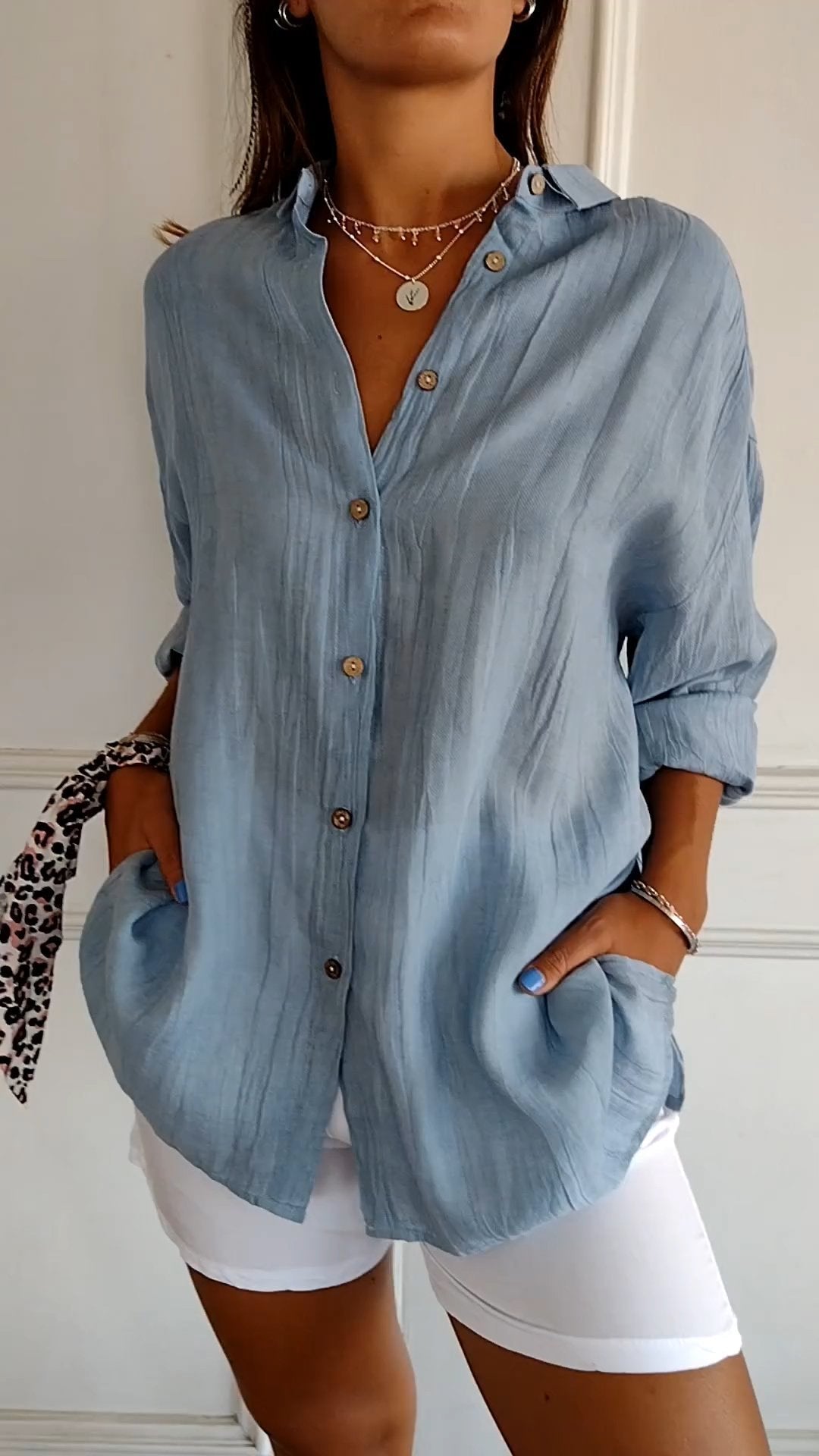 Olvoria | Women's Loose Button-Down Shirt - Crinkled Texture