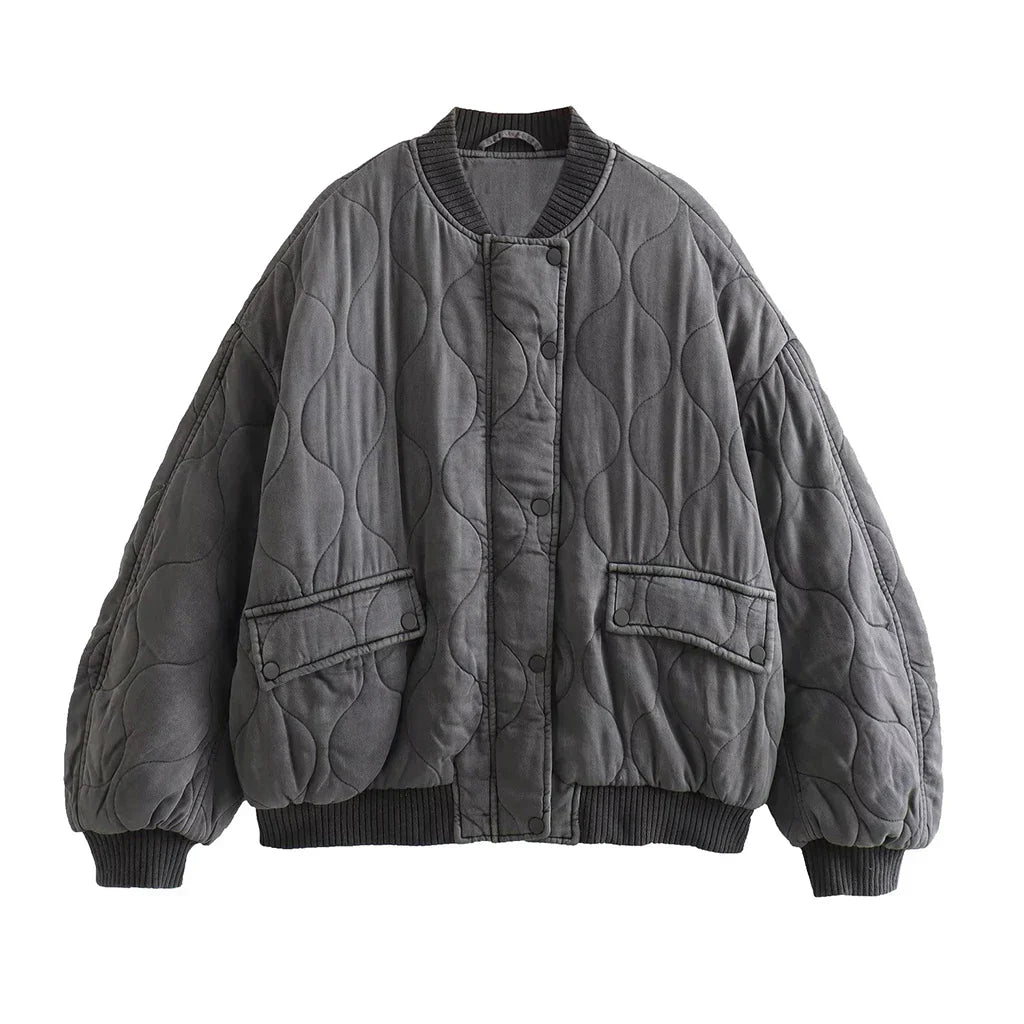 Olvoria - Women's Loose-Fitting Gray Bomber Jacket